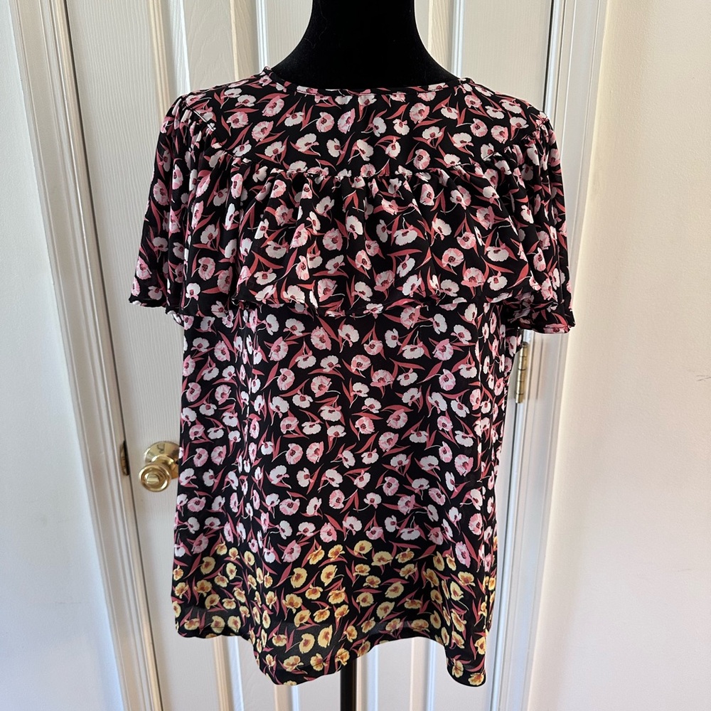 Ann Taylor Factory Floral Ruffle Blouse Black Pink Short Sleeve XL